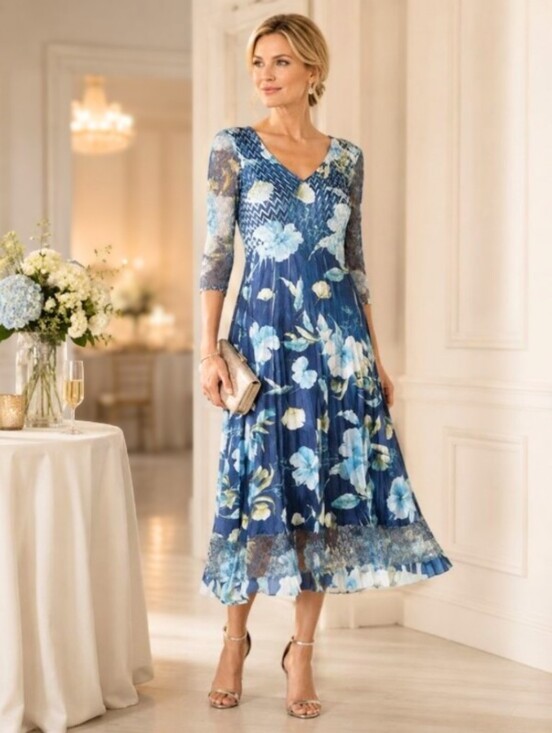 Komarov Dresses & Skirts - Komarov Lace Sleeve Charmeuse & Chiffon Blue Floral Evening Cocktail Dress PXL